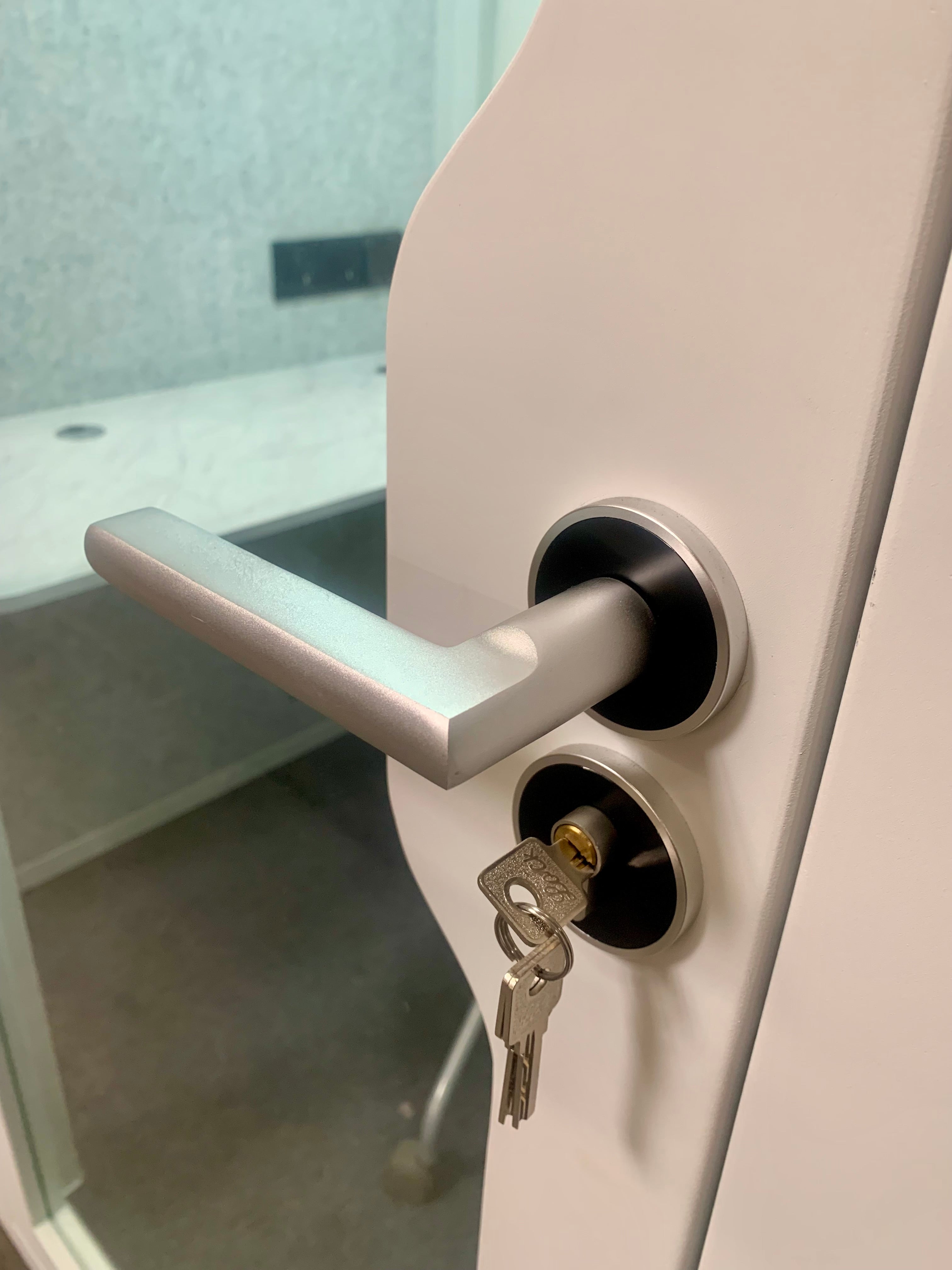 eBooth soundproof office phone booth door handle and deadbolt