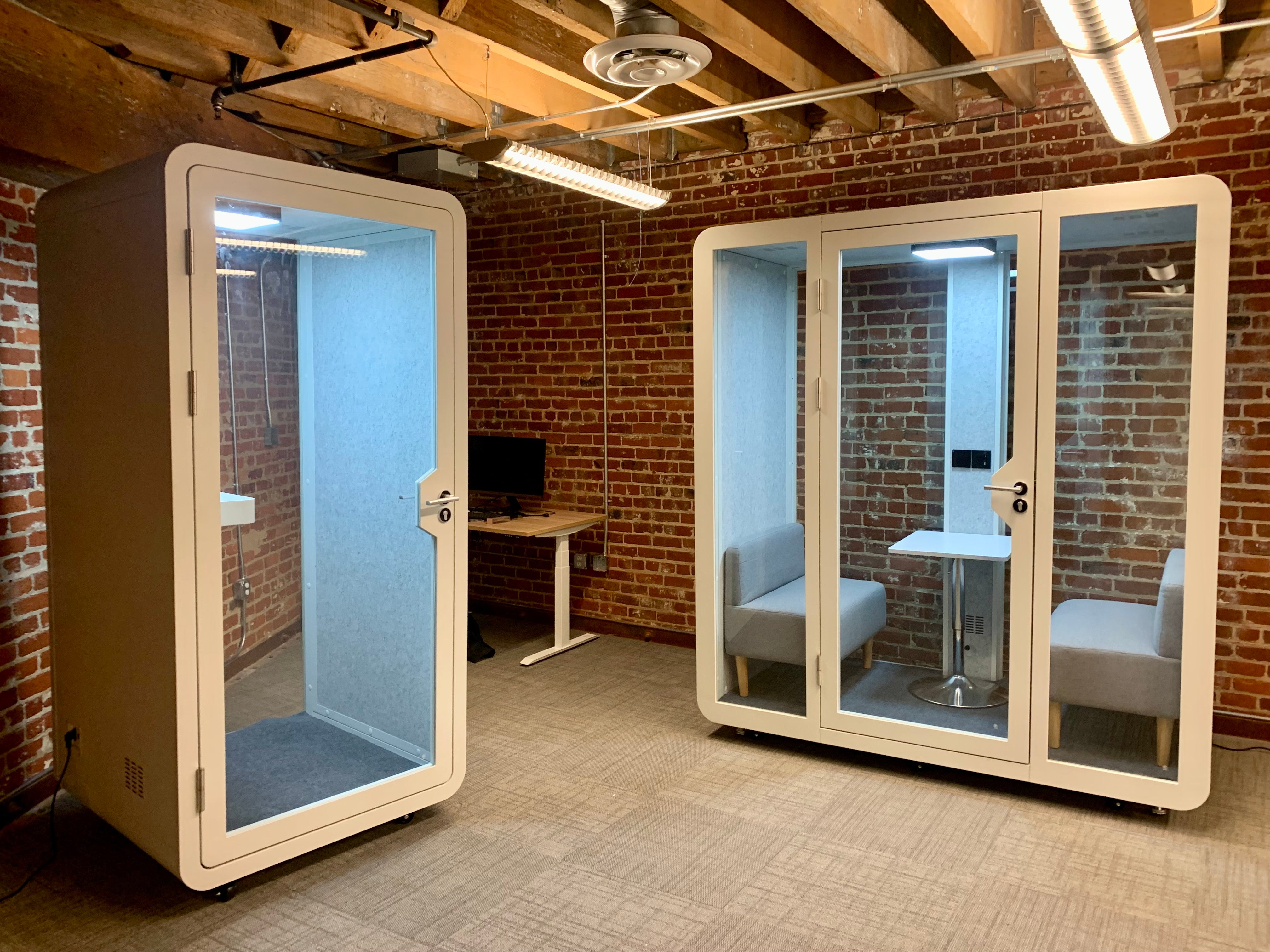 one person meeting pod and 2 person office phone booth
