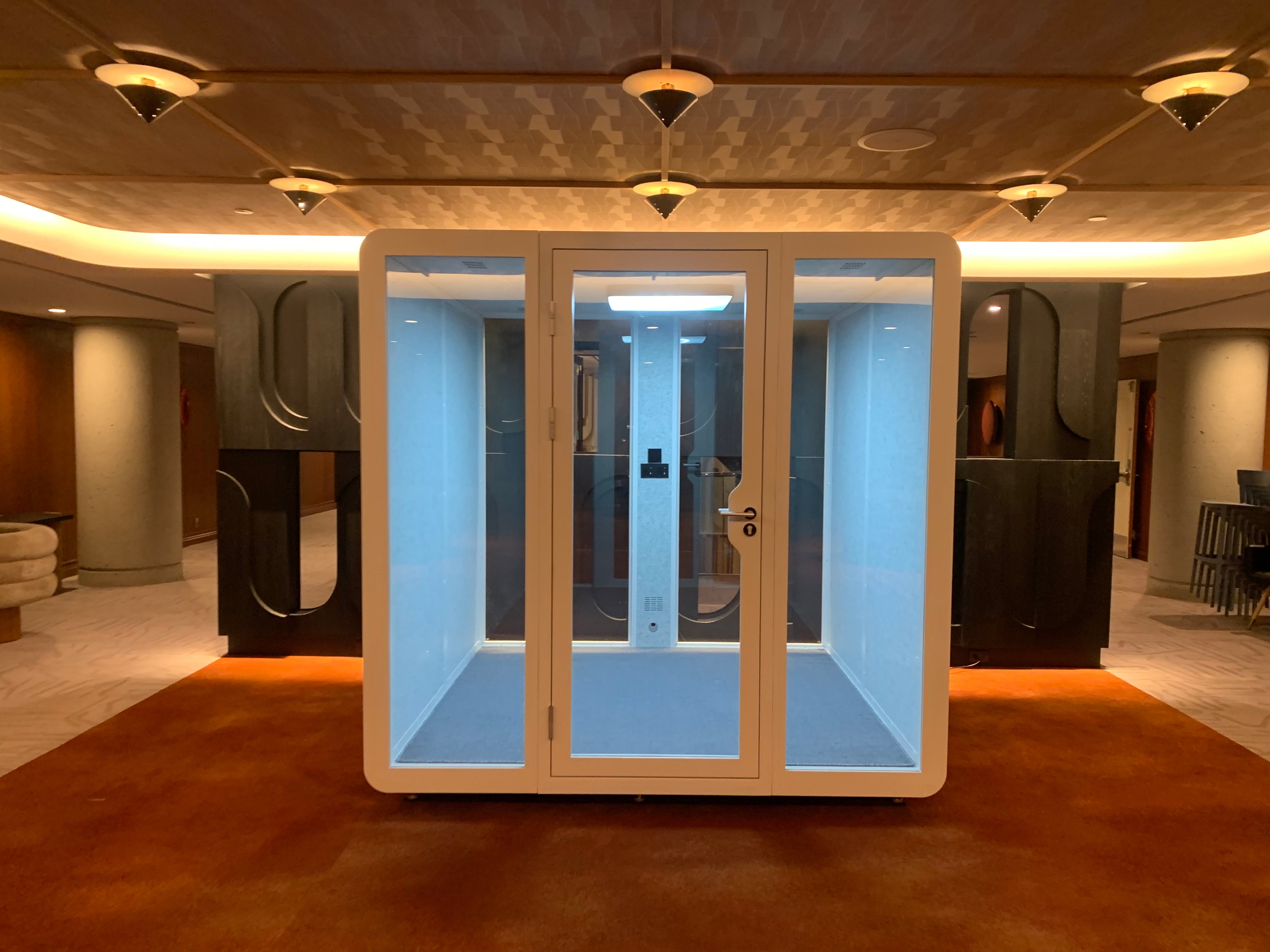 eBooth Quad privacy pod showcased at a San Francisco hotel for a tech event